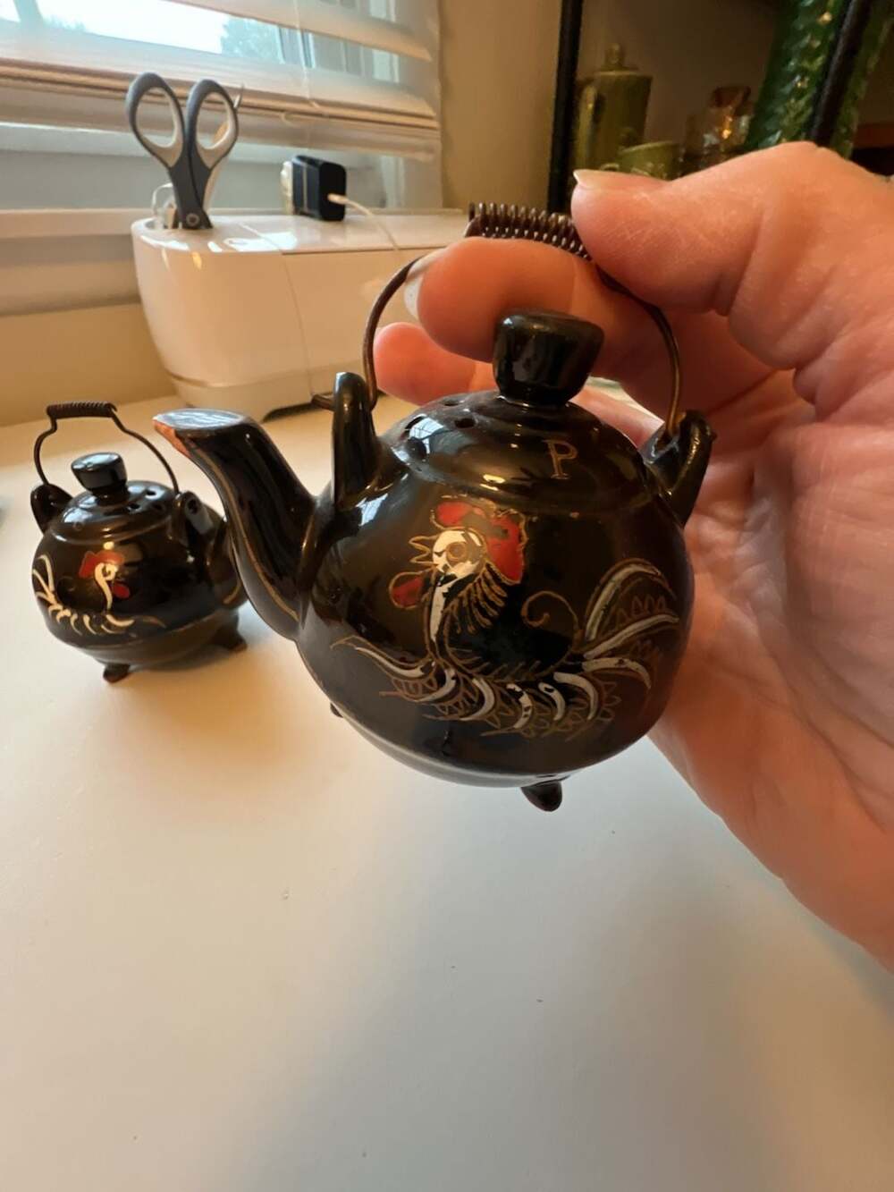 Vintage Japanese Redware Rooster Tea Pot Salt Shaker Set Black Glazed Hand